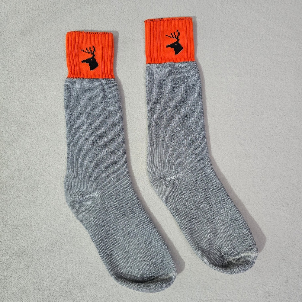 Hunting Boot Socks Mens Gray Marl Blaze Orange Deer Head Crew Length Vintage